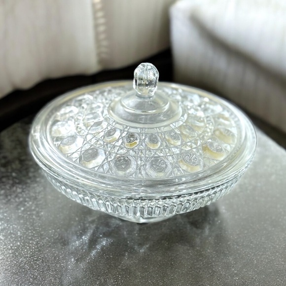 Vintage Indiana Glass Clear Covered Candy Dish Windsor Button Cane - Picture 2 of 4